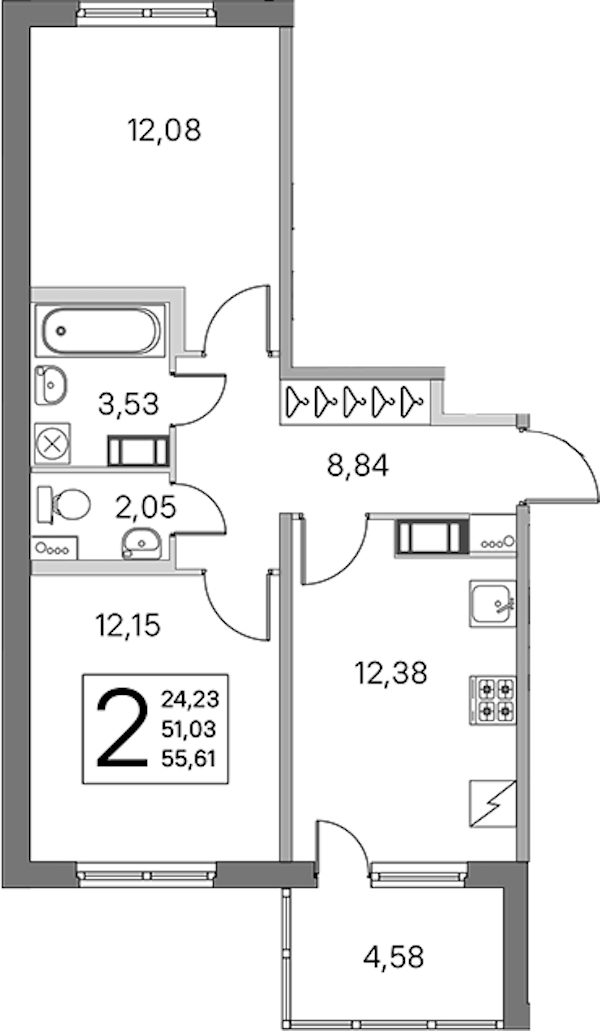 2-комнатная квартира 51.03 м², 4/5 эт., ЖК «ЮгТаун. Олимпийские кварталы»